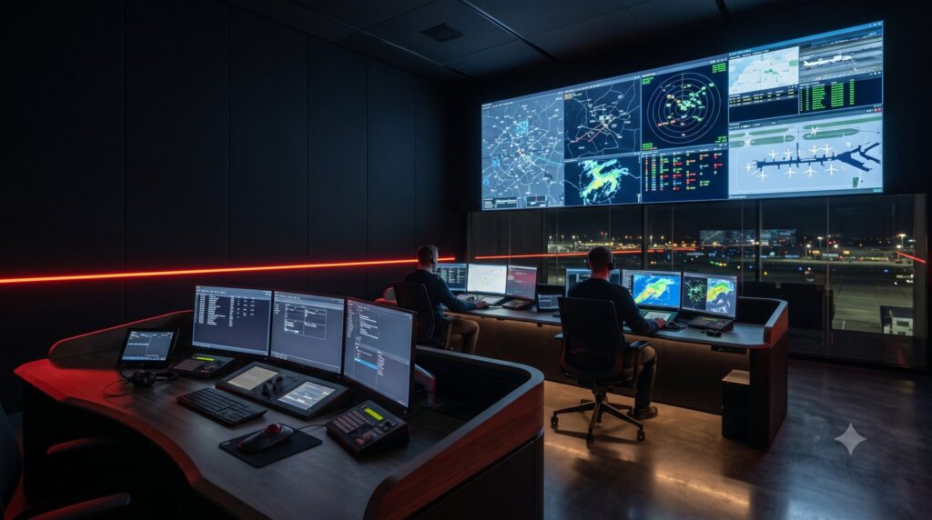 Kontrollraum für Luftfahrt und Flugsicherung mit Videowall für Radar, Flugwege und Apron-Übersicht