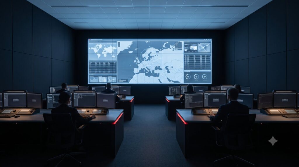 Command & Control Center für Verteidigung mit geospatialer Lagekarte und sicheren Operator-Arbeitsplätzen