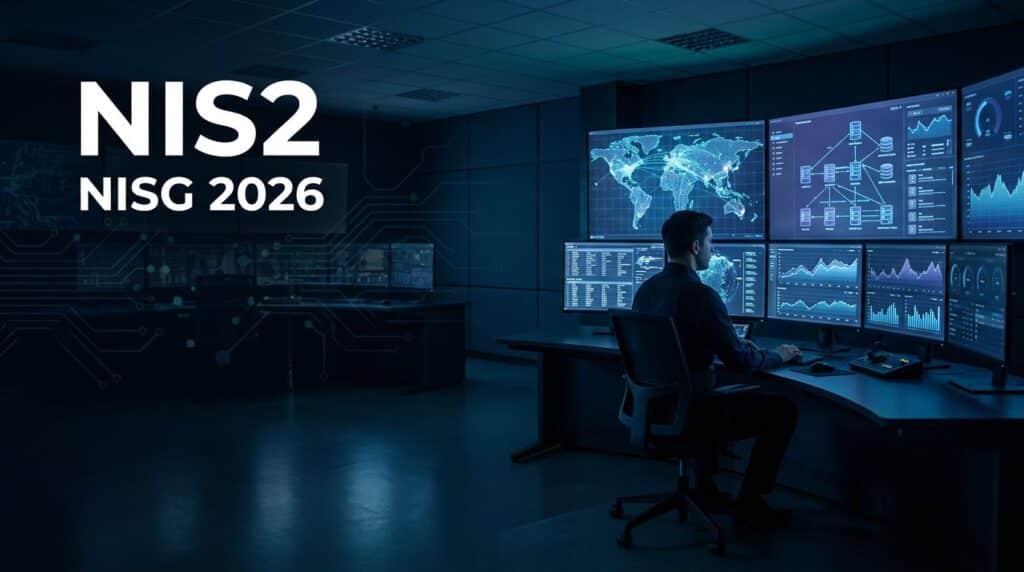 Operator in einem dunklen Leitstellen-Kontrollraum vor einer Monitorwand mit Lagekarte und Netzdiagrammen – NIS2 und NISG 2026 für Betreiber kritischer Infrastruktur